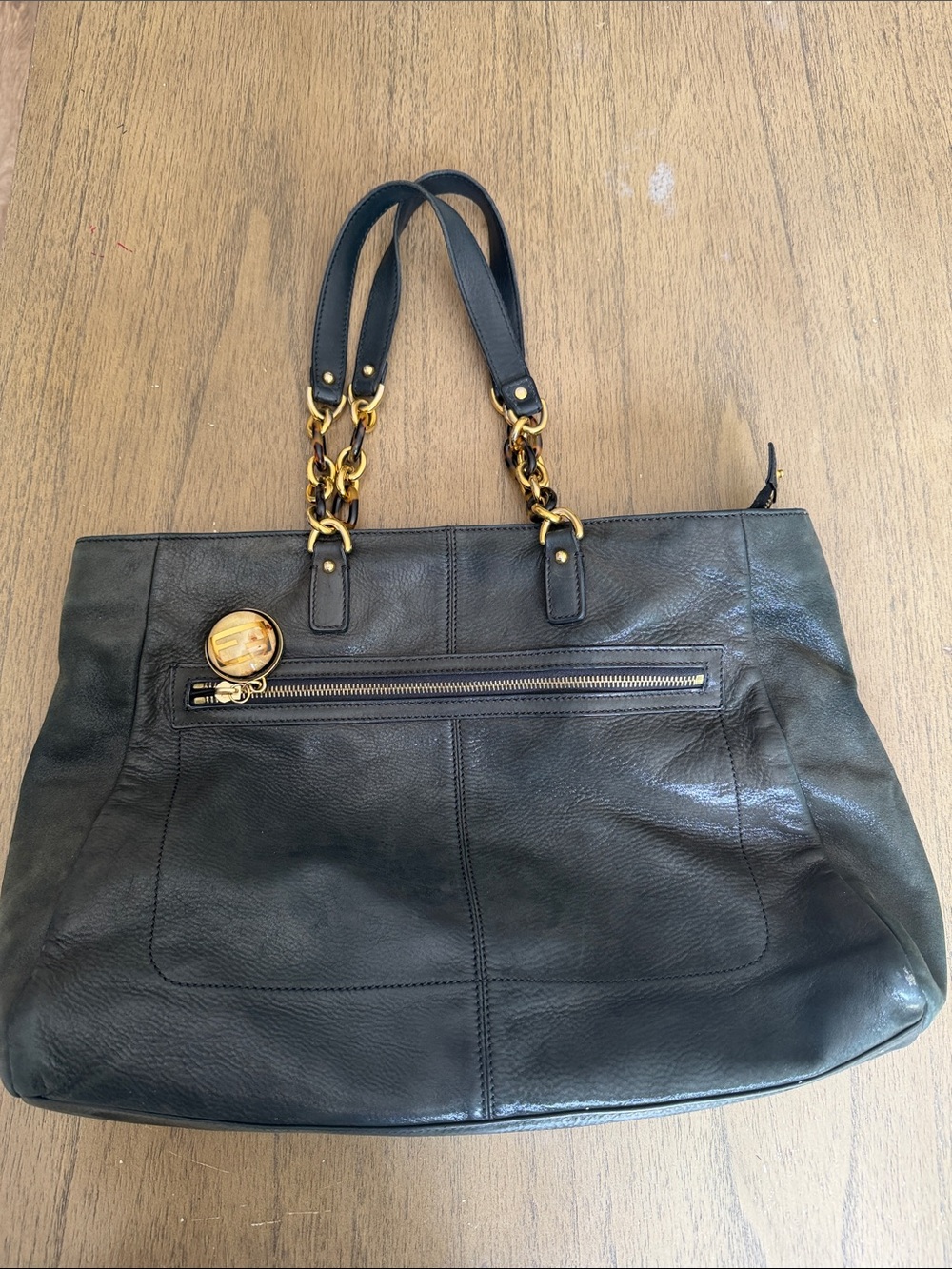 Fendi Black Leather Iridescent Chain Tote w/ Gold Logo Charm